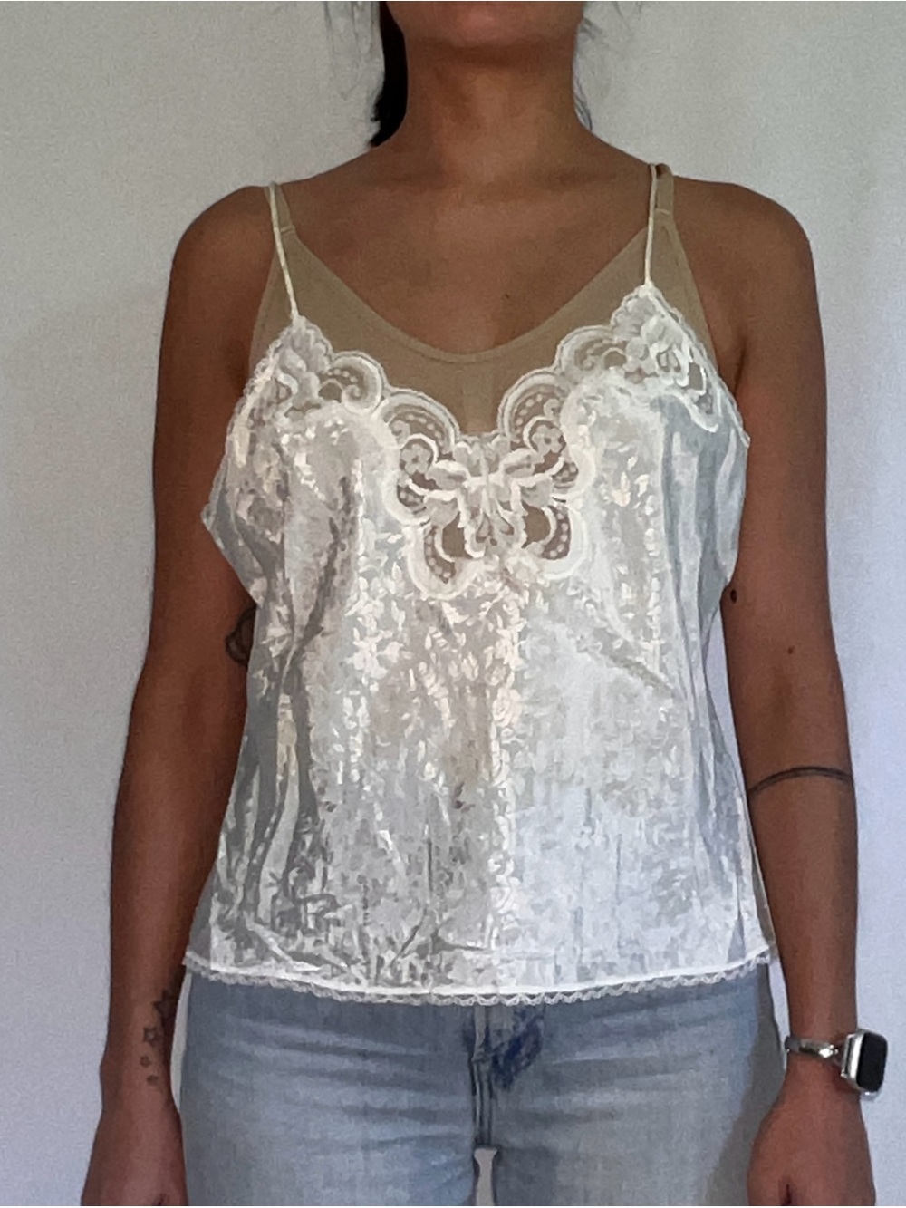 Vintage Satin Brocade Delicate White Lace V-Neck Cami Tank